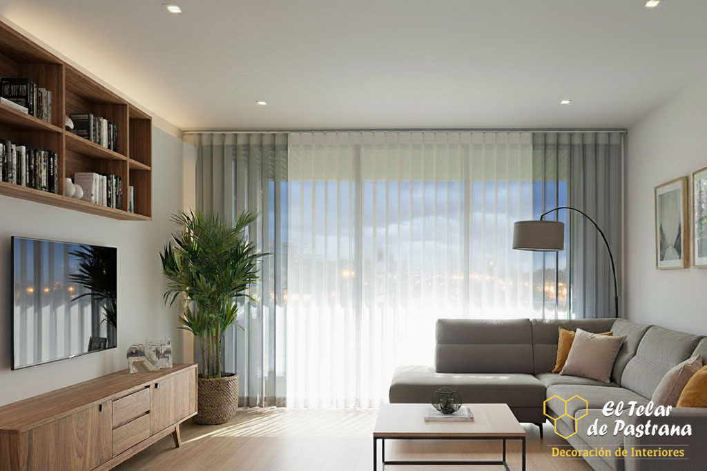 salon con libreria con cortinas verticales duomo loro blanco y verde