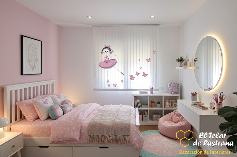 Ambiente decoracion cortinas verticales impresas Cortinas verticales habitacion niña rosa