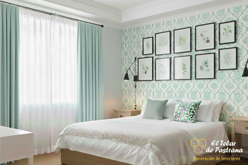 Cortinas frunce en dormitorio tonos pastel Cortinas frunce dobles: visillo blanco y tejido verde pastel en dormitorio