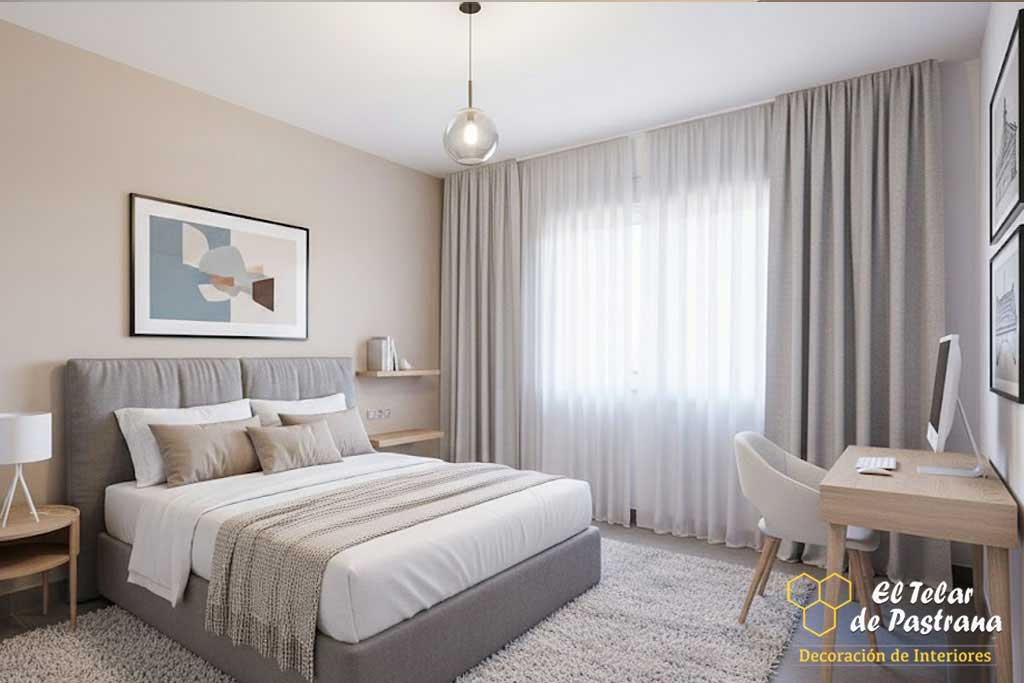 Cortinas con frunce en dormitorio moderno Cortinas frunce en dormitorio moderno en colores neutros y tejido suave