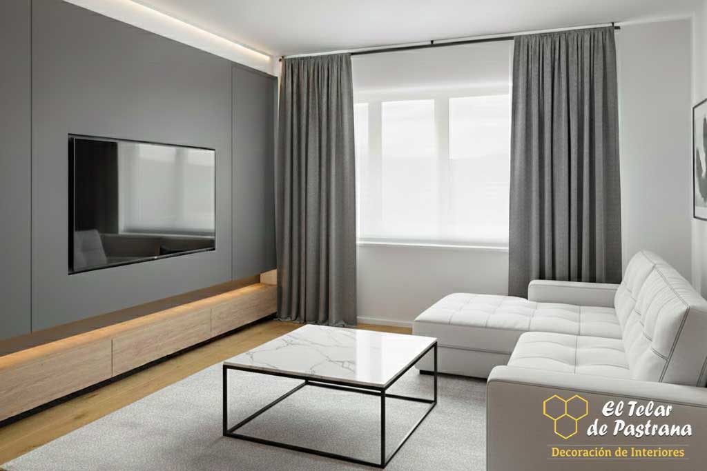 Cortinas frunce grises en salón moderno Cortinas frunce gris combinadas con estor enrollable en salón minimalista