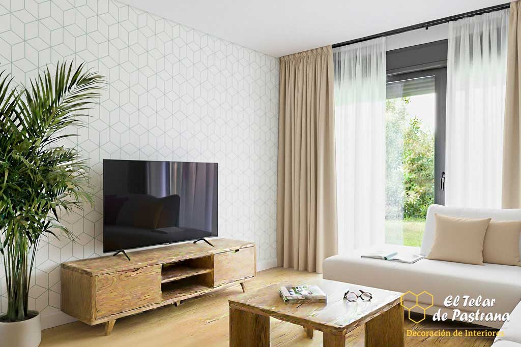 Cortinas frunce beige en salón nórdico Cortinas frunce y visillos en salón nórdico con muebles de madera