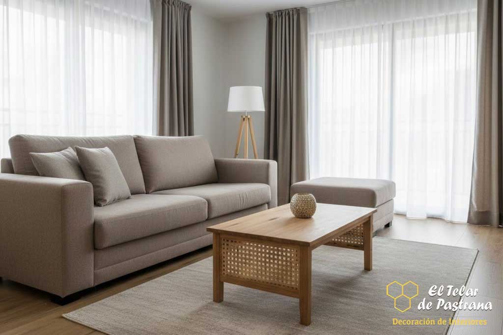 Cortinas frunce gris en dormitorio Cortinas frunce grises y visillos en dormitorio moderno minimalista