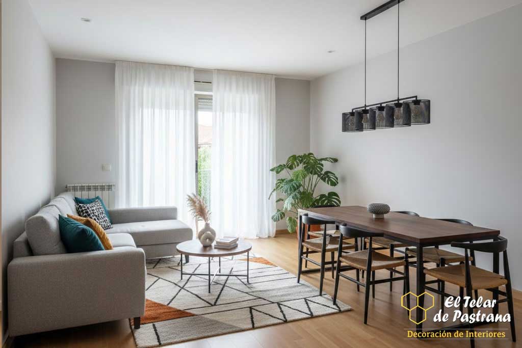 Visillos frunce blanco en salón comedor Visillos frunce blancos en salón comedor con mesa de madera y sillas de diseño