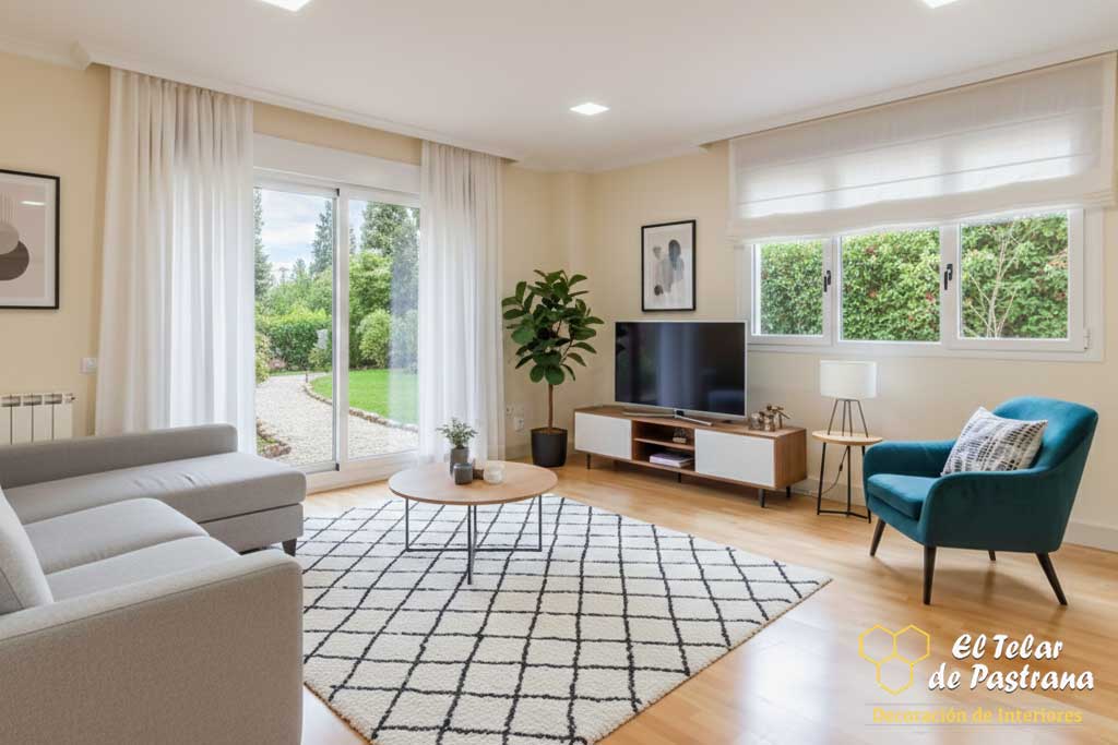 Visillos frunce blanco en salón comedor nórdico Visillos frunce blancos en salón con decoración neutra, alfombra geométrica y mesa de madera