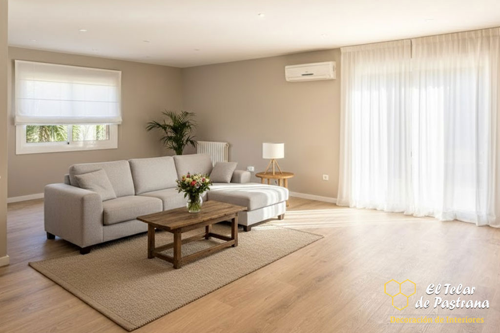 Cortinas frunce beige en salón moderno Cortinas frunce y estor paquete beige en salón con salida al jardín