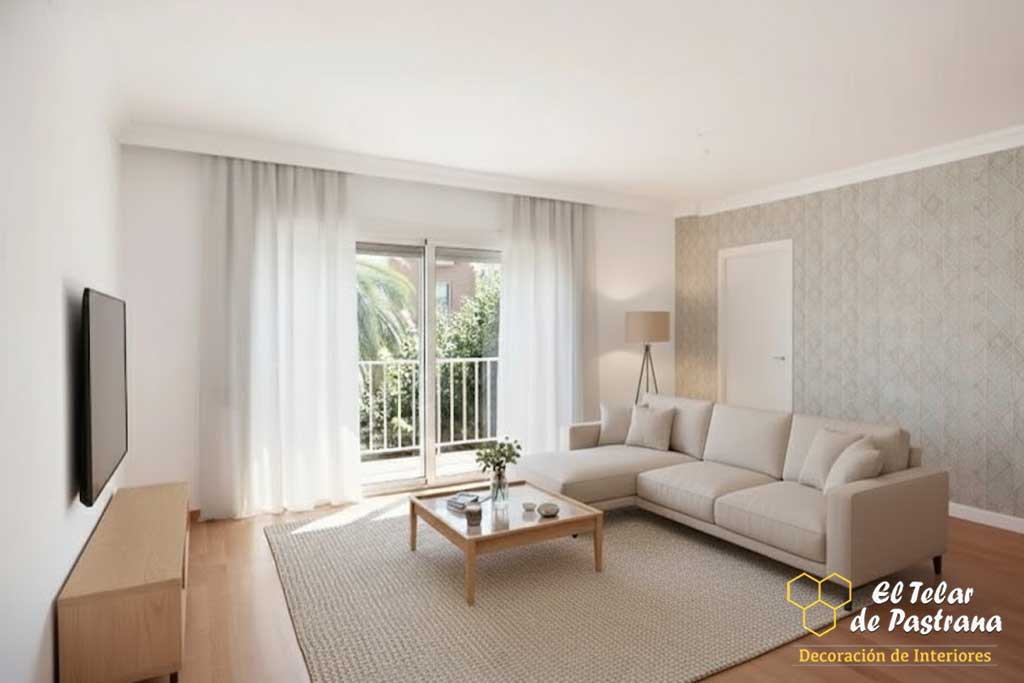 Cortinas frunce gris topo en salón minimalista Cortinas frunce gris cálido y visillos en salón minimalista