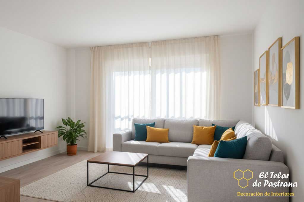 Visillos frunce beige en salón nórdico Visillos frunce beige en salón nórdico con sofá modular gris y cojines mostaza