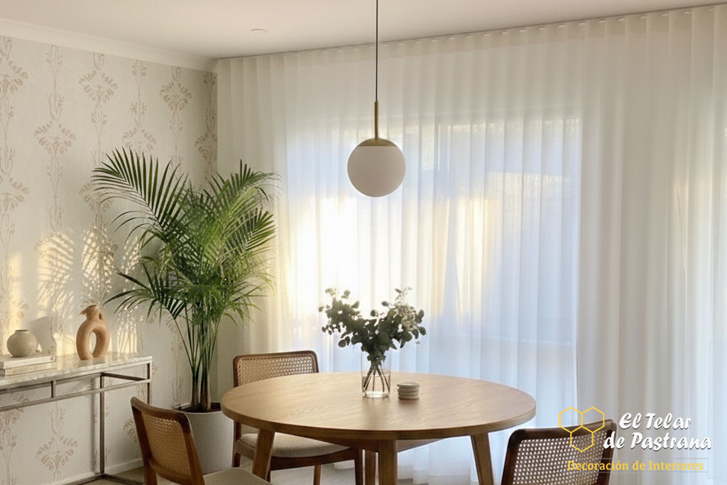 Visillo Onda Perfecta en Comedor Mirador Madrid Proyecto 4: Visillo blanco translúcido con pliegues regulares de onda perfecta en comedor mirador - Madrid