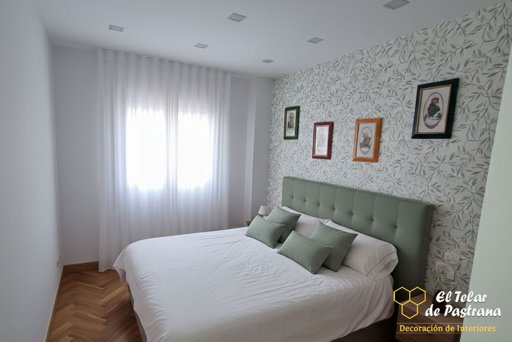 Onda Perfecta en Visillo Blanco dormitorio botánico Madrid Proyecto 13: Dormitorio con cabecero verde y estilo botánico con onda perfecta - Aluche, Madrid