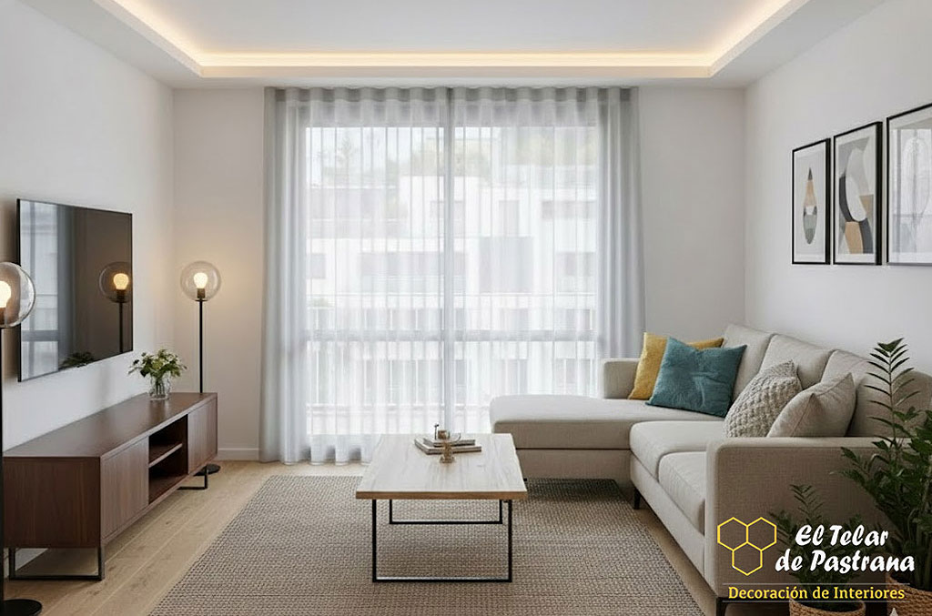 Onda Perfecta en Visillo gris salón moderno Madrid Proyecto 17: Salón moderno con iluminación LED y visillo de onda perfecta - Madrid