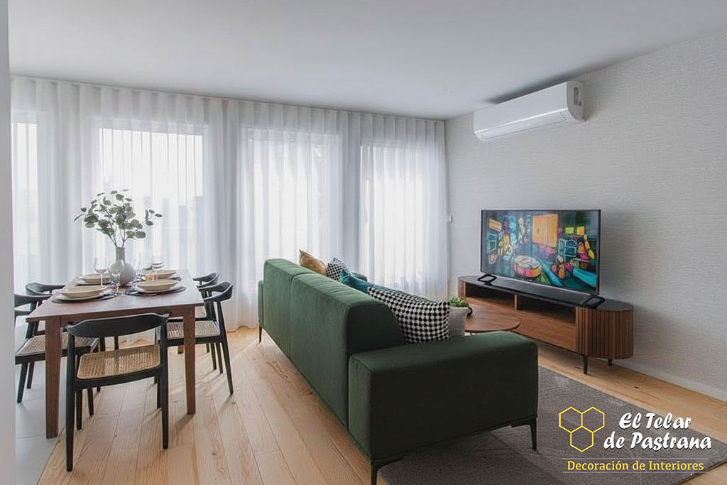 Onda Perfecta en Visillo Blanco salón comedor verde Madrid Proyecto 18: Salón comedor con sofá verde y aire nórdico con onda perfecta - Madrid