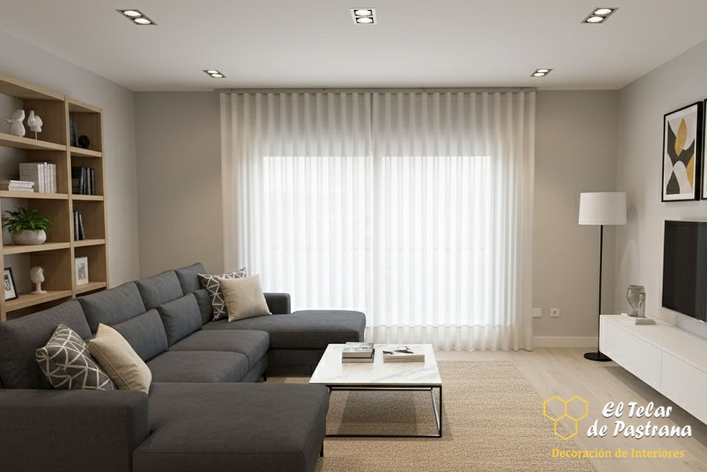 Onda Perfecta en Visillo Blanco salón comedor moderno Madrid Proyecto 19: Salón comedor moderno y funcional con visillos de onda perfecta - Madrid