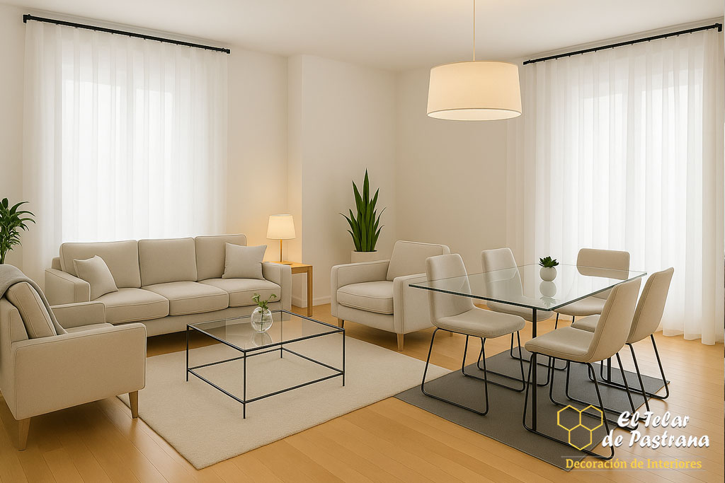 Onda Perfecta en Visillo Blanco salón comedor elegante Madrid Proyecto 24: Salón comedor elegante con mesa de cristal y onda perfecta - Madrid