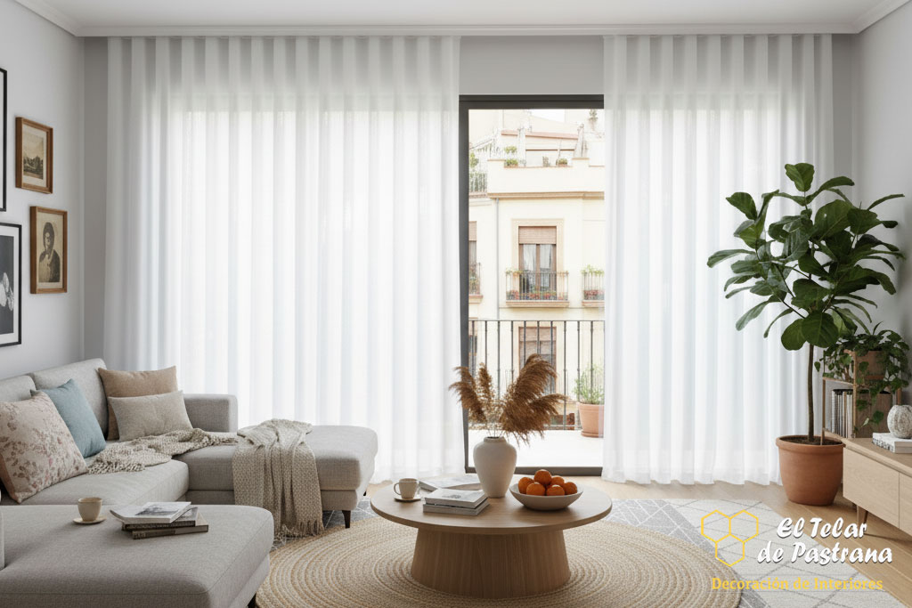 Onda Perfecta en Visillo Blanco salón nórdico Madrid Proyecto 28: Salón nórdico con alfombra de yute y visillo de onda perfecta - Arganzuela, Madrid