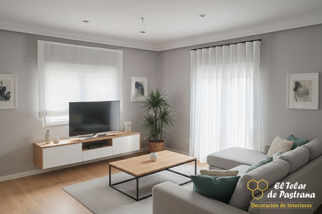 Combinación de Estores Plegables y Onda Perfecta salón Madrid Proyecto 35: Salón moderno en tonos grises con estores y onda perfecta - Boadilla del Monte, Madrid