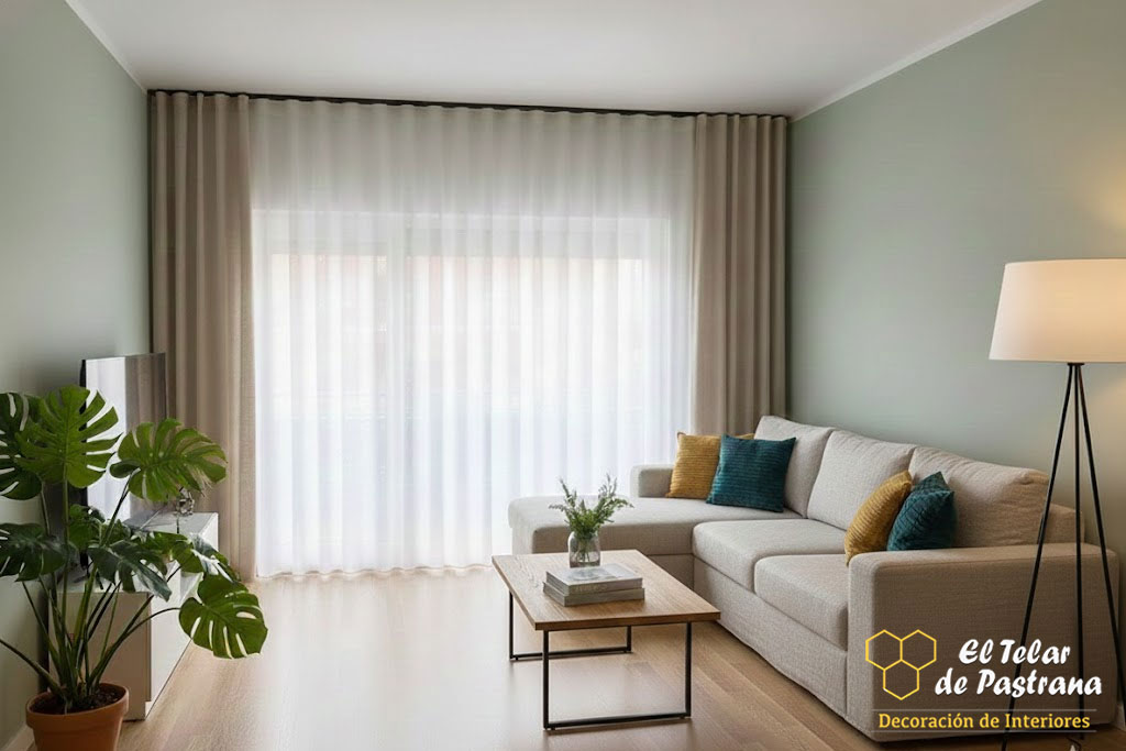 Doble Cortina Onda Perfecta Beige salón Madrid Proyecto 37: Doble cortina Onda Perfecta beige en salón moderno con pared verde - Madrid