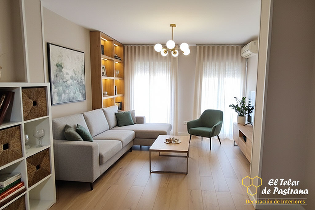 Onda Perfecta en Tela Clara salón moderno Madrid Proyecto 38: Salón moderno con estantería retroiluminada y sillón verde con onda perfecta - Arganzuela, Madrid