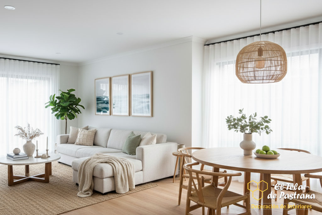 Onda Perfecta en Visillo Blanco salón boho-chic Madrid Proyecto 43: Salón comedor boho-chic con lámpara de ratán y onda perfecta - Madrid