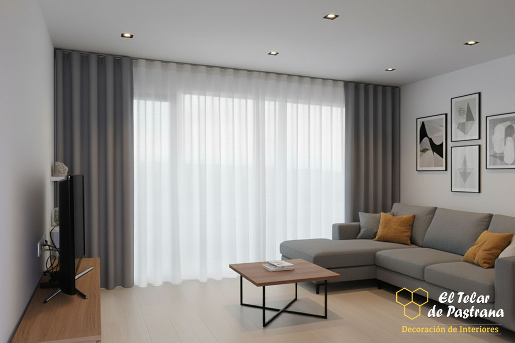 Doble Cortina Onda Perfecta Gris Oscuro salón Madrid Proyecto 45: Doble cortina Onda Perfecta gris oscuro en salón - Madrid