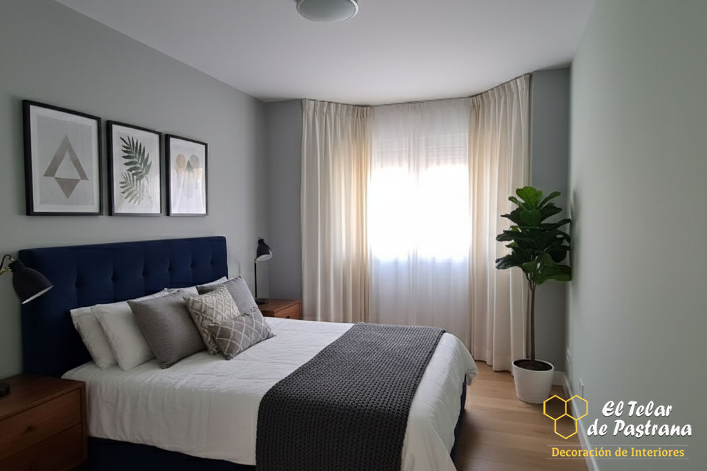 Dormitorio moderno con paredes grises, cama con cabecero azul y cortina de techo a suelo con pinza pliegue.