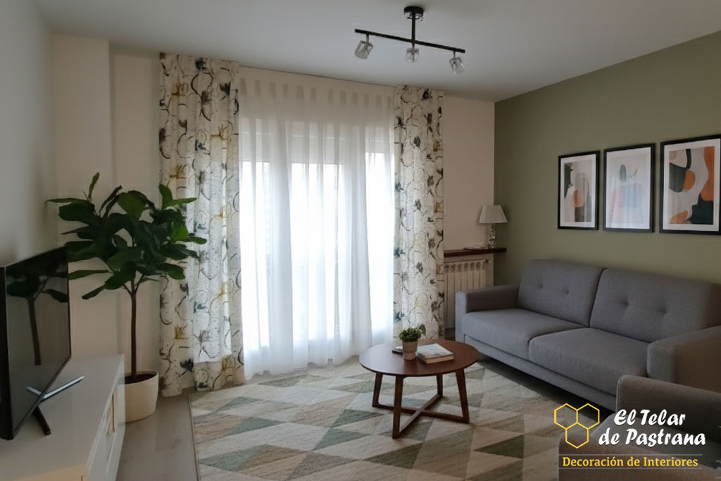 Salón moderno con sofá gris, alfombra geométrica y cortinas estampadas con visillo blanco, ambas confeccionadas con pinza pliegue.