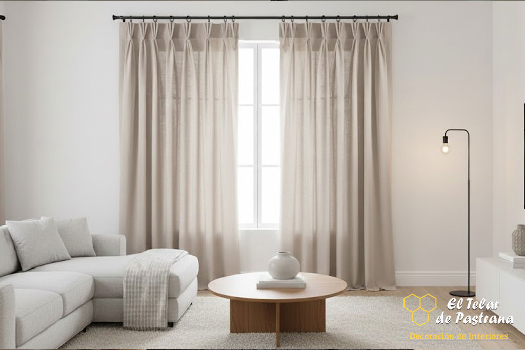 Salón con paredes blancas, sofá gris y cortinas dobles (visillo y cortina neutra) con pinza pliegue, cubriendo un amplio ventanal.