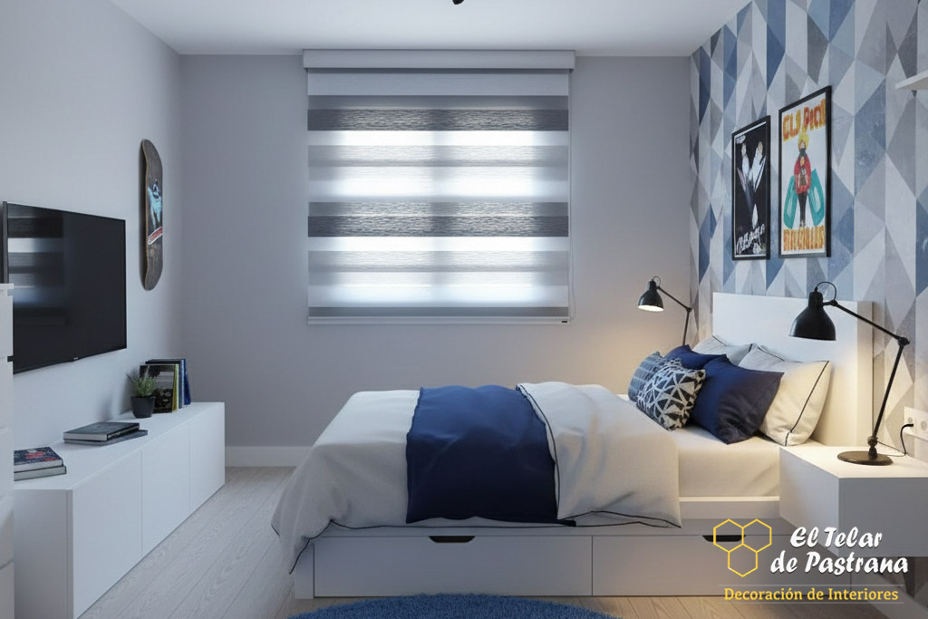 Dormitorio juvenil moderno con estor noche y día en tonos gris y blanco instalado en ventana, decoración actual y control de luz natural