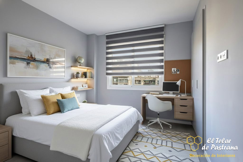 Dormitorio moderno con estor noche y día en tonos gris y blanco instalado en ventana, zona de descanso y escritorio con control de luz natural