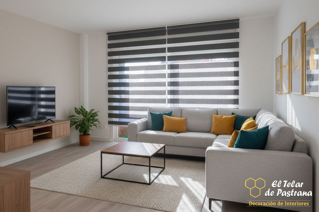 Salón moderno y luminoso con estor noche y día en tonos gris y blanco, sofá en esquina, mesa de centro y control de la luz natural