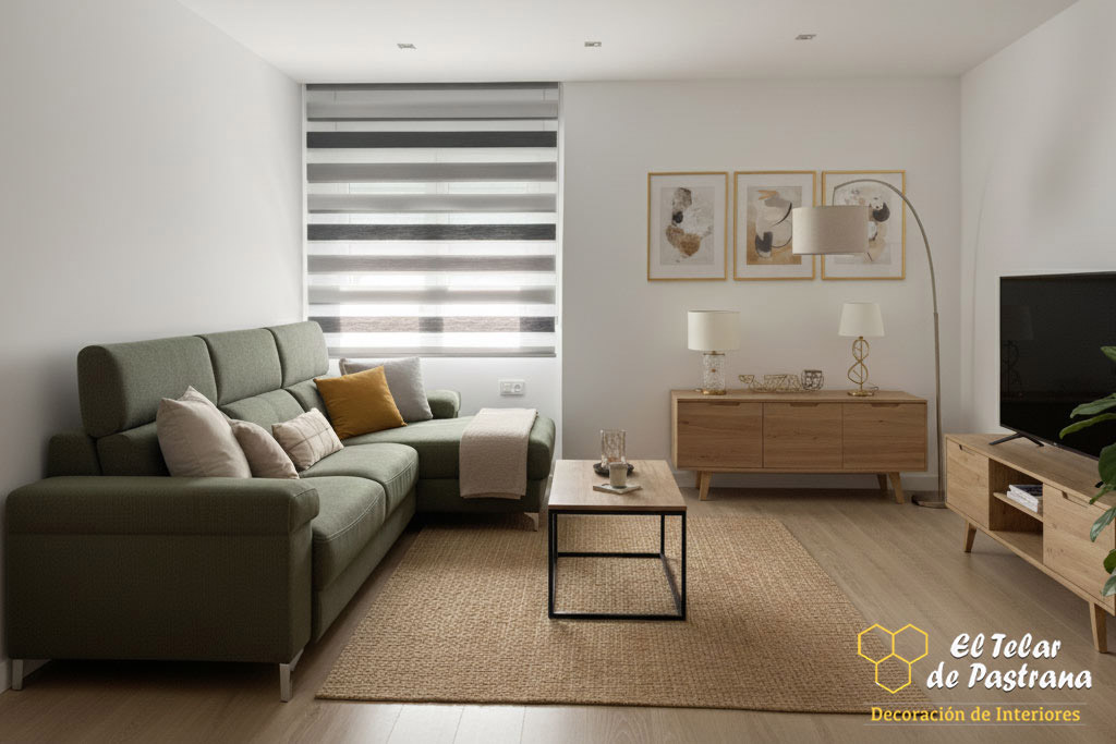 Salón moderno y acogedor con estor noche y día en tonos gris y blanco, sofá verde, muebles de madera y control de la luz natural