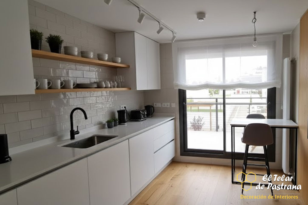 Estor paquete blanco en cocina moderna con ventanal