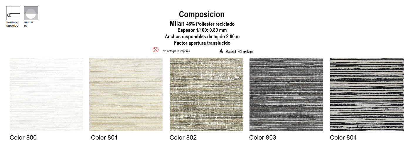 Colores de los tejidos de estores enrollable Milan