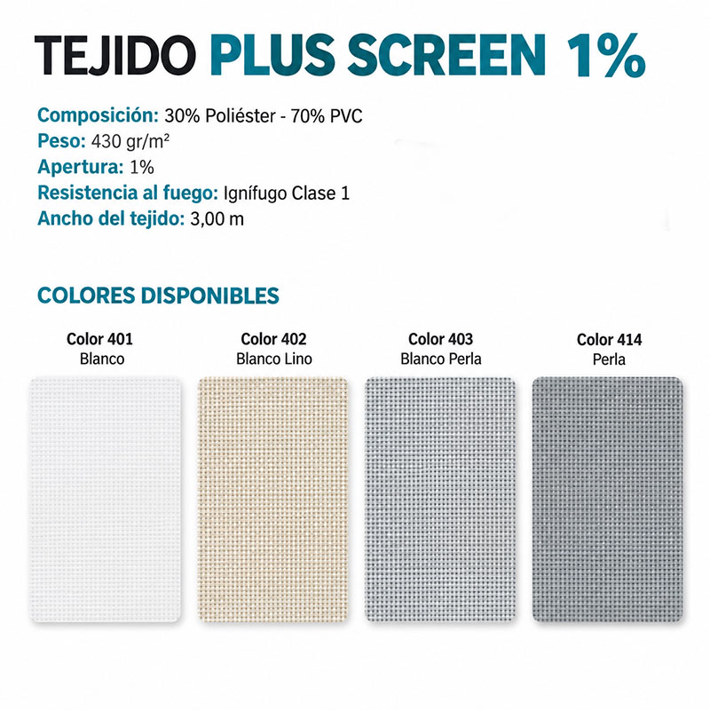Colores disponibles del tejido Plus Screen 1%