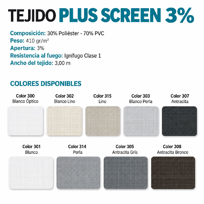 Colores disponibles del tejido Plus Screen 3%