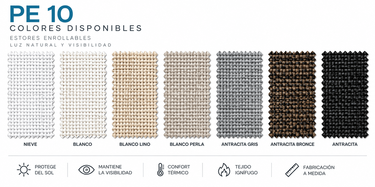 Colores y tejidos disponibles para estores PE 10