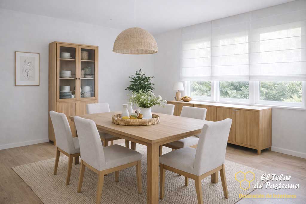 Comedor amplio y luminoso con mesa de madera, sillas tapizadas claras y estor plegable blanco instalado en la ventana