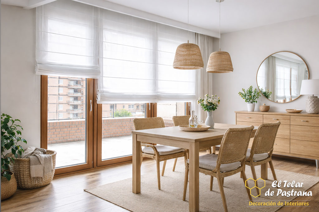 Comedor luminoso con mesa de madera, sillas de fibras naturales y estores plegables blancos junto a ventanales grandes