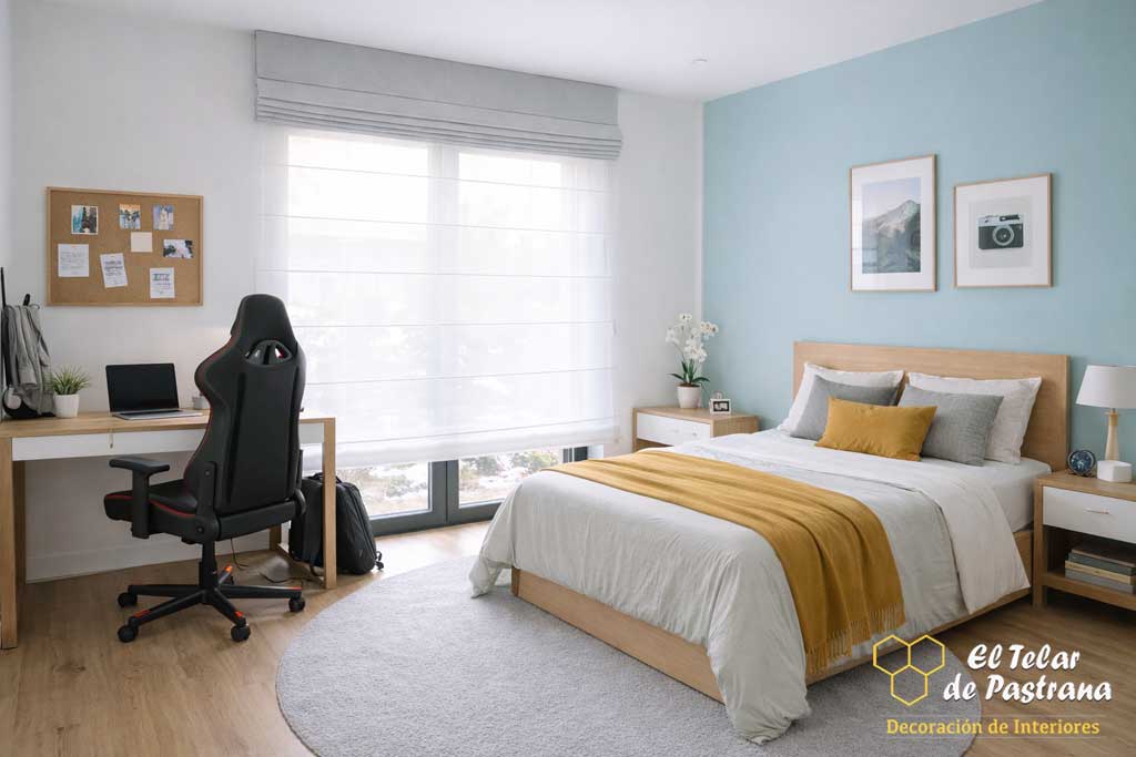 Dormitorio luminoso con cama de madera, escritorio y doble estor plegable blanco instalado en el ventanal