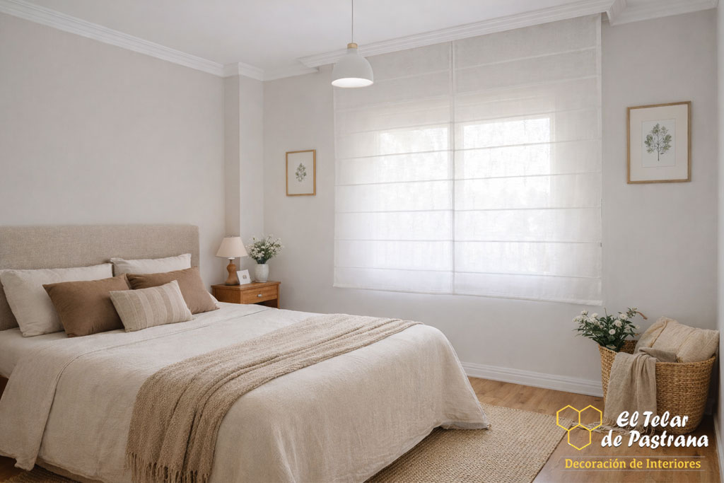Dormitorio acogedor con cama doble, decoración en tonos beige y estor plegable blanco filtrando la luz natural