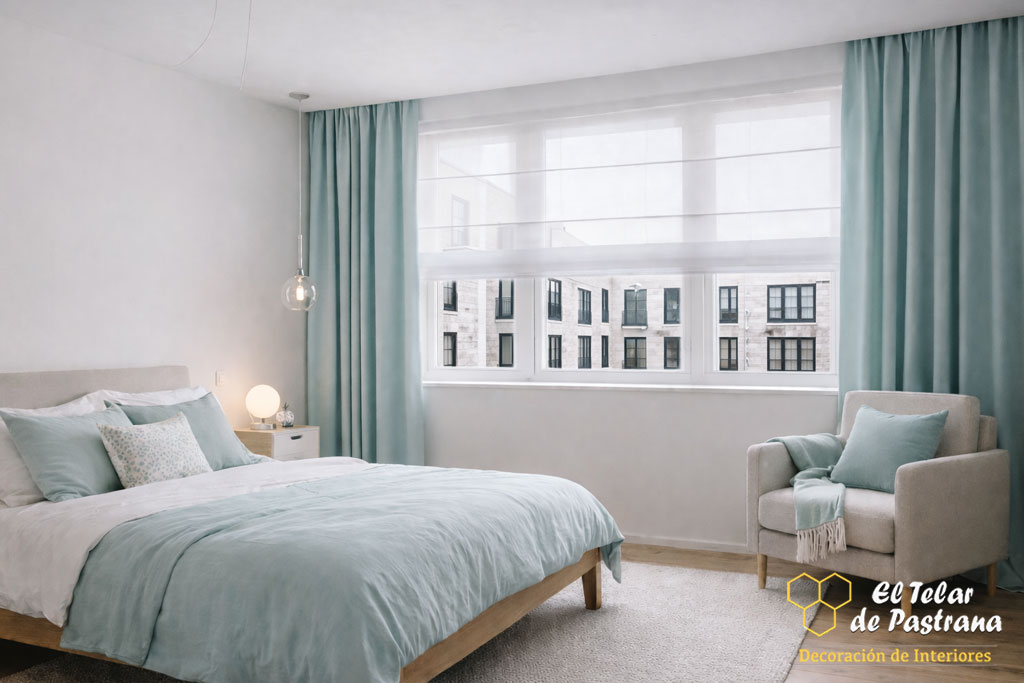 Dormitorio luminoso con cama tapizada, doble estor blanco en la ventana y cortinas decorativas verdes a ambos lados