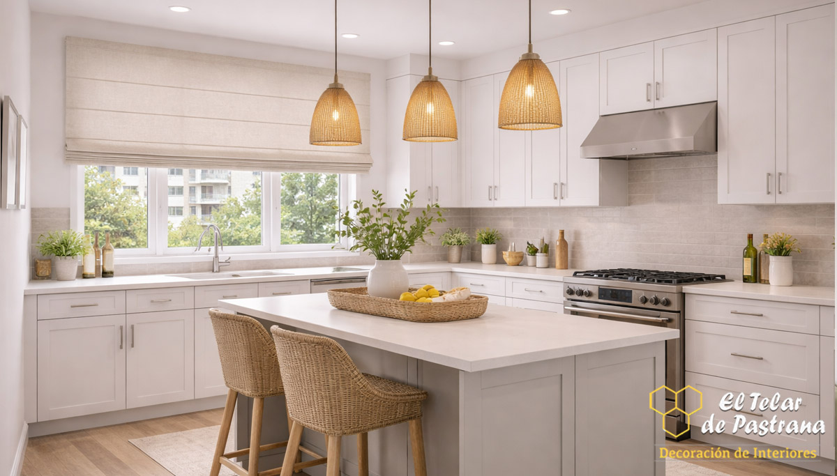 Cocina luminosa con isla central, muebles blancos y estor plegable de varillas en color lino totalmente bajado sobre la ventana