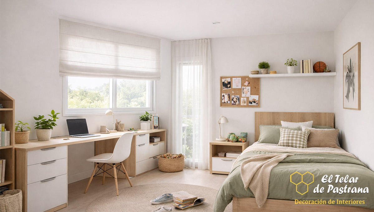 Estores plegables con varillas en salón moderno