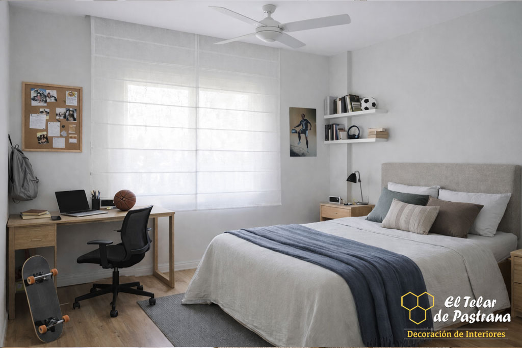 Dormitorio juvenil luminoso con cama doble, escritorio de madera y estor plegable blanco filtrando la luz natural