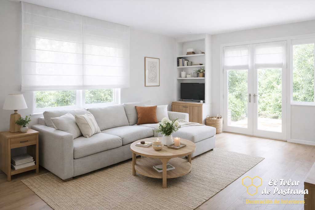 Salón moderno y acogedor con sofá claro, mesa de centro de madera y estores plegables blancos filtrando la luz natural