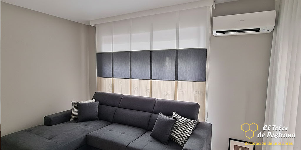 Panel japonés seccional tres colores instalado en salón de Madrid