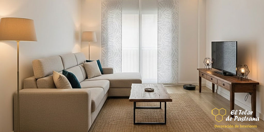 Panel japonés visillo devoré instalado en salón de Madrid