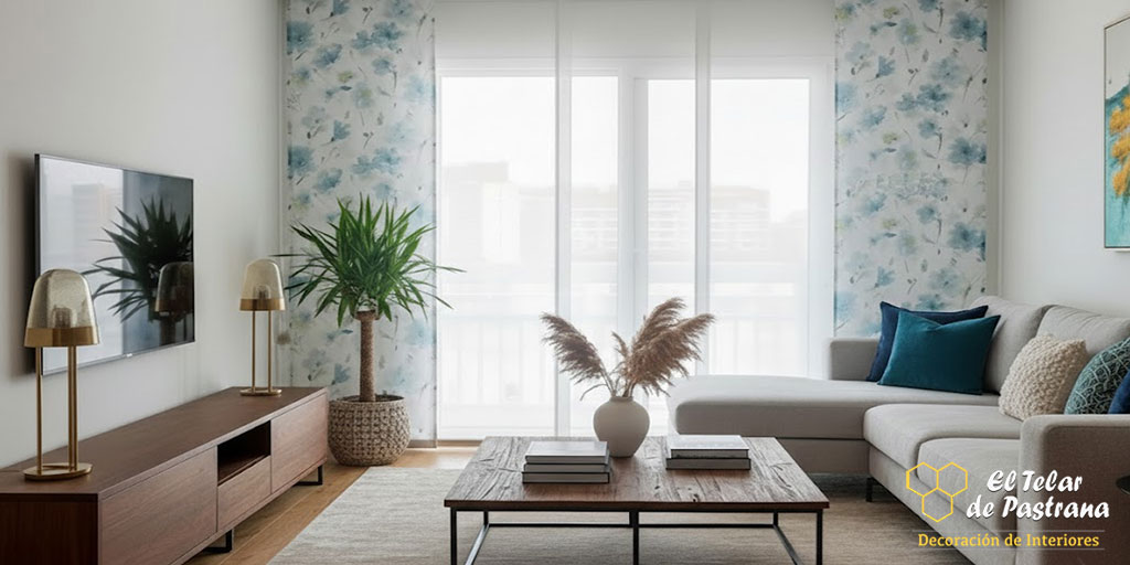 Panel japonés visillo estampado instalado en salón de Madrid