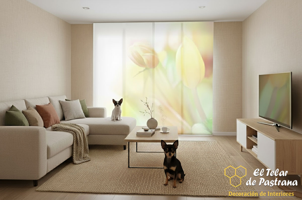 Paneles japoneses con impresión digital de tulipanes en tonos amarillos y salmón en salón