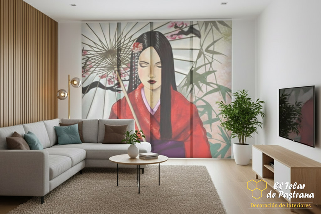Paneles japoneses impresos con diseño de geisha y sombrilla